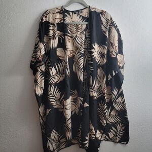 Elegant Black and Cream Leaf Print Swim Coverup